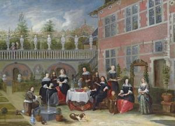 Portrait Of A Family Around A 
Table Served With Lobster, A Pie, Bread And Flowering Spring Onions, In A
 Courtyard With A Fountain And A Sculpture Garden, An Orchard Beyond Oil Painting by Gillis van Tilborgh