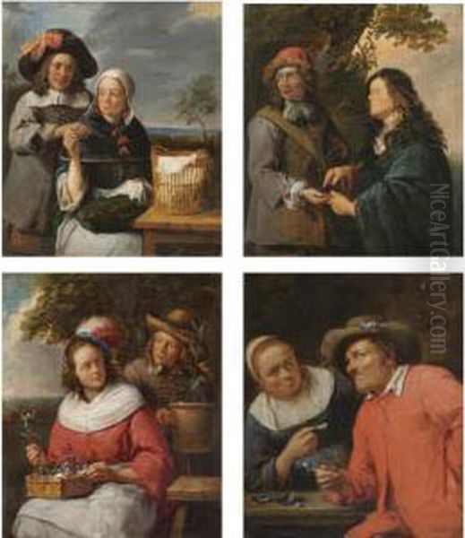A Man Propositioning A 
Seamstress; A Woman Offering A Peasant A Shell; A Man And Woman With 
Flowers; Two Men Arranging A Deal Oil Painting by Gillis van Tilborgh
