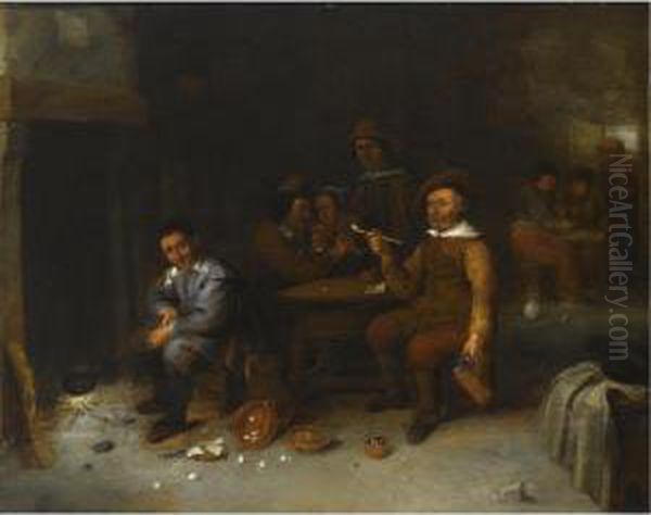Figures In An Inn, One Smoking, 
Another Playing The Flute For A Woman, Another Figure Warming A Pan 
Above A Fire In The Fireplace Oil Painting by Gillis van Tilborgh