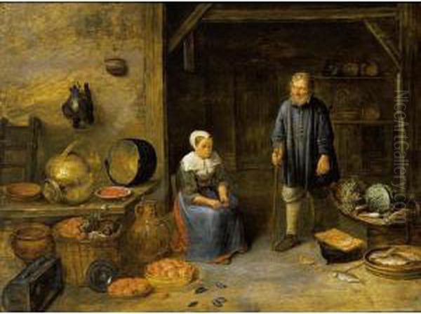 A Barn Interior With A Maid 
Opening Mussels And A Man With A Stick Standing, Together With A Still 
Life Of Vegetables And Fruits In Baskets, Crabs And Other Fish, And Pots
 And Other Stoneware On A Table Oil Painting by Gillis van Tilborgh