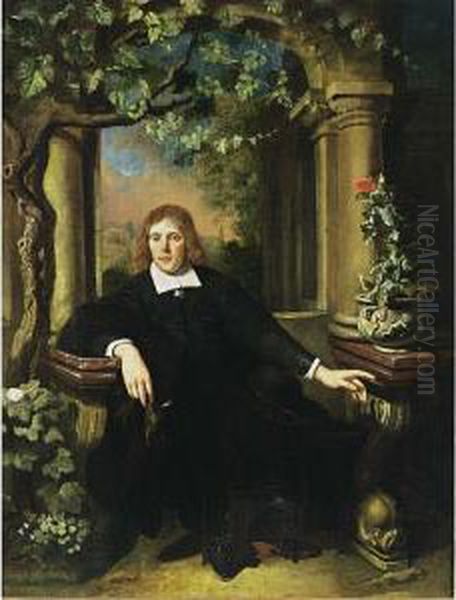 A Portrait Of A Gentleman, 
Seated Full Length, Wearing A Black Costume With White Collar And Cuffs,
 Holding A Handkerchief In His Right Hand, In An Architectural Setting 
With A Landscape Beyond Oil Painting by Dominicus van Tol