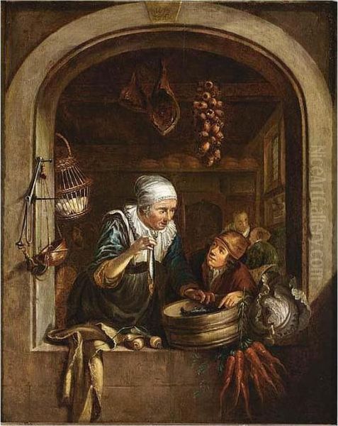 A Woman Showing A Herring To A 
Boy In A Window Bears Van Tol Signature And Date 1672 Upper Centre Oil Painting by Dominicus van Tol