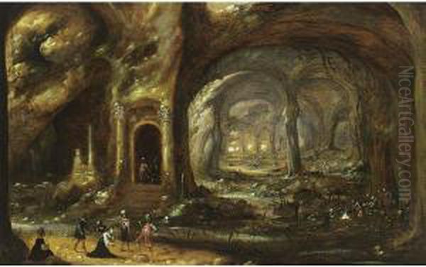 A Cave With Soldiers Capturing A
 Woman And Her Servant In The Foreground, Other Soldiers Near A Fire On 
The Right Oil Painting by Rombout Van Troyen