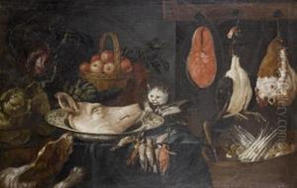 A Dog And Cat Amid A Still Life 
Of Game With A Basket Of Asparagus And Mushrooms In A Kitchen Interior Oil Painting by Adriaen van Utrecht