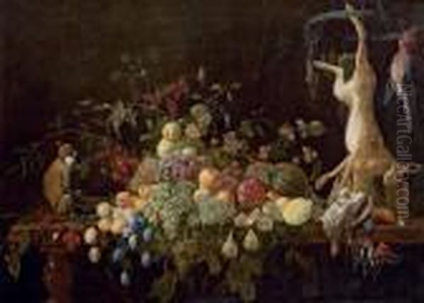 Grapes, Oranges, Plums, Pears, 
Pomegranates, Figs, Cherries, Amelon And Other Fruits And Berries, On A 
Partly-draped Table With Amonkey, A Hare, A Jay, A Partridge, A 
Woodpecker, A Kingfisher,chaffinches And Other Fowl Oil Painting by Adriaen van Utrecht