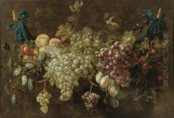 A Garland Of White And Black 
Grapes, Plums, Peaches, Cherries Andother Fruit, Tied To The Wall With 
Blue Ribbons Oil Painting by Adriaen van Utrecht