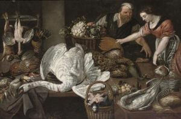 A Kitchen Still Life With A 
Swan, A Peacock, Chicken, Finches And Other Poultry Laid On A Table, 
With A Maid, And A Butcher Oil Painting by Adriaen van Utrecht