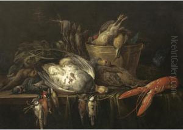 Still Life With A Lobster, 
Partridges, Songbirds, And A Brass Bucket All Resting On A Wooden Table 
Draped With A Green Cloth Oil Painting by Adriaen van Utrecht