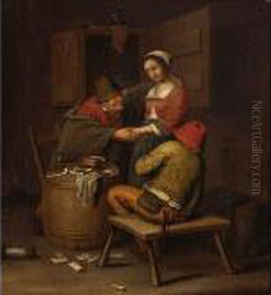 An Interior Scene With Peasants 
Courting A Young Woman, Some Smoking Utensils And Playing Cards On The 
Ground Oil Painting by Adriaen van Utrecht