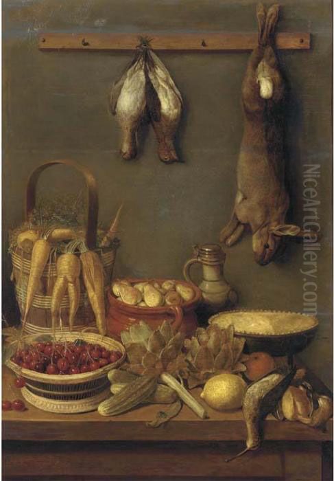 A Wicker Basket Of Cherries, A 
Bucket Of Parsnips, An Earthenwarejug Filled With Pears And A Pie In A 
Dish On A Table Withartichokes, Courgettes, A Lemon, An Orange, A Snipe 
And A Duck, Arabbit And Two Starlings Hanging Above Oil Painting by Adriaen van Utrecht