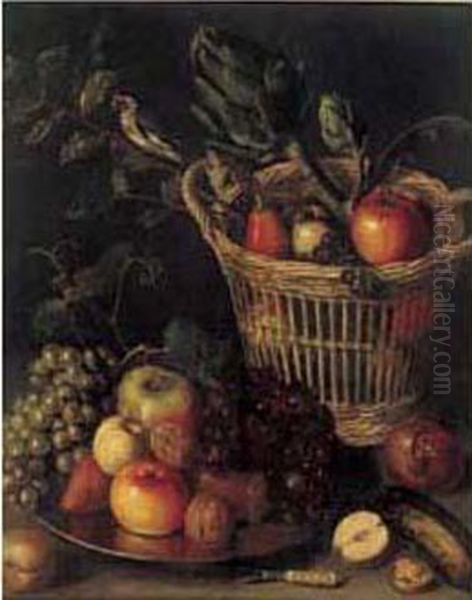 Nature Morte Au Panier De Fruits
 Et Artichauts, Pres D'un Plat De Fruit Sur Un Entablement Oil Painting by Adriaen van Utrecht