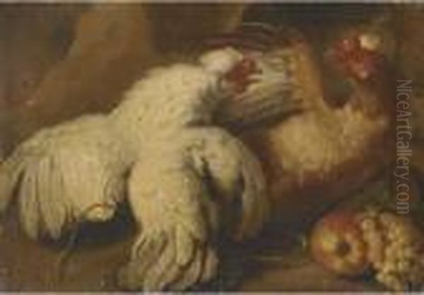 Two Hens In A Landscape With An 
Apple And Grapes In The Foreground; And Dead Game In A Landscape Oil Painting by Adriaen van Utrecht