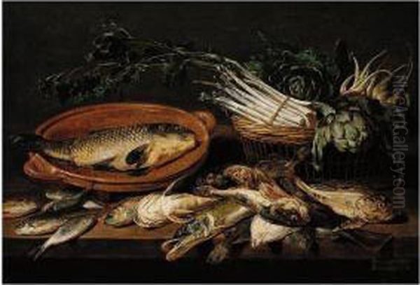 A Still Life Of Artichokes, 
Asparagus, Radishes, And Turnips In A Wicker Basket, With A Carp In A 
Terracotta Dish, Together With Salt- And Fresh-water Fish, All Arranged 
Upon A Table-top Oil Painting by Adriaen van Utrecht