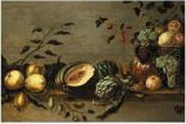 Still Life Of Grapes, 
Pomegranates, And Currents In A Bronze Bowl With A Melon, Artichokes, 
Pears, And Plums On A Wooden Table Oil Painting by Adriaen van Utrecht