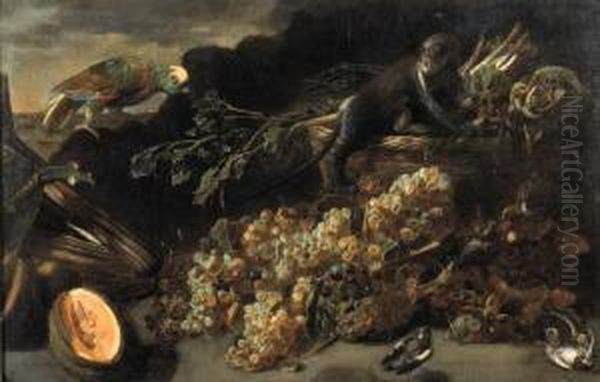 Uve, Un Melone, Cardi E Altri 
Ortaggi In Un Cesto Ed A Terra, Enplein Air, Con Una Scimmia, Un 
Pappagallo E Tre Uccelli Oil Painting by Adriaen van Utrecht
