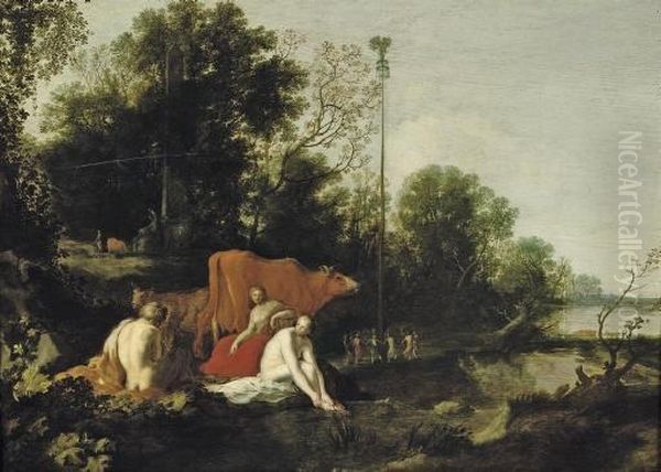 An Arcadian Wooded Landscape 
With Nymphs And Cattle, A Figure Dancing Around A Maypole Beyond Oil Painting by Moyses or Moses Matheusz. van Uyttenbroeck