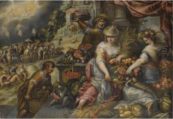 An Allegory Of Summer, With A 
Fruit A Vegetable Stall In The Foreground And A Procession With Ceres 
Beyond Oil Painting by Frederik van Valkenborch