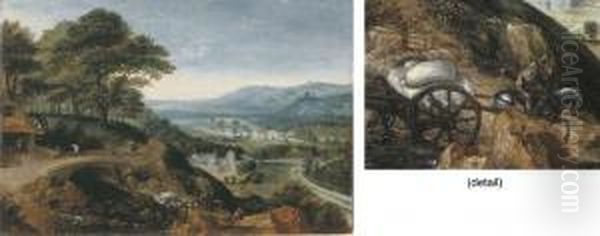 An Extensive River Landscape 
With Millers On A Road Approaching Awatermill, And A Horse-drawn 
Carriage With Flour Sacks Crossing Aford In The Foreground, A Possible 
View Of The Aartal Valleybeyond Oil Painting by Lucas van Valckenborch