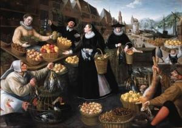 An Allegory Of Autumn: A Fruit 
And Vegetable Stall Above The Weinmarkt In Frankfurt Am Main Oil Painting by Lucas van Valckenborch