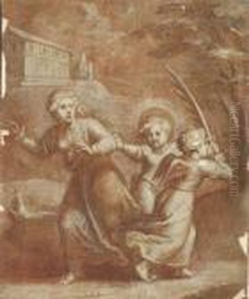 Naturam Vincit: Nature Fuyant 
Vers La Gauche Avec Deux Amours Surla Droite, L'un Tenant Une Palme Oil Painting by Otto van Veen