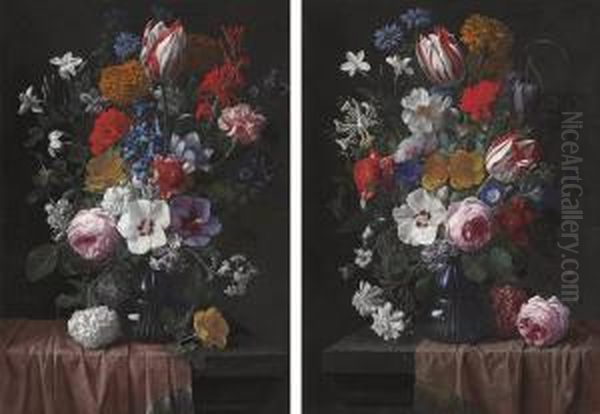 Peonies, Tulips, Morning Glory 
And Other Flowers In A Blue Glassvase, With A Rose On A Stone Ledge; And
 Peonies, Tulips, Carnationsand Other Flowers In A Blue Glass Vase, With
 A Hydrangea On A Stoneledge Oil Painting by Nicolas Van Veerendael