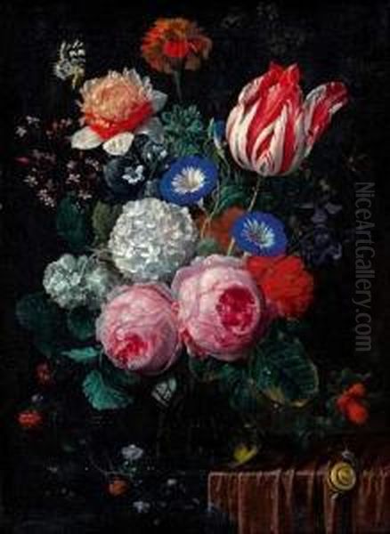 Vase De Fleurs Avec Un Papillon 
Et Une Branche De Ronces Pose Sur Un Entablement Recouvert D'un Drape 
Rouge, Avec Un Escargot Oil Painting by Nicolas Van Veerendael