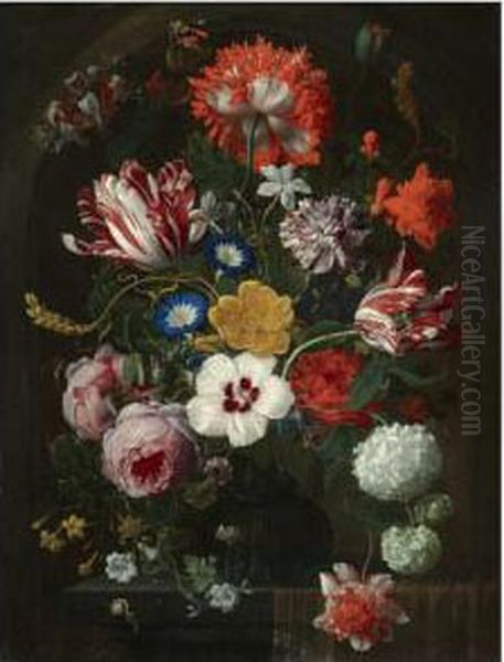 Still Life With A Bouquet Of 
Flowers In A Glass Vase, Including Roses, Morning Glory, Parrot Tulips 
And Snowballs, Arranged On A Partly Draped Stone Ledge With A Snail Oil Painting by Nicolas Van Veerendael
