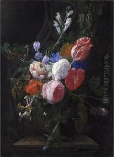 A Still Life Of Roses, A Tulip, 
Honeysuckle And Other Flowers, With A Sculpted Stone Ornament In The 
Background Oil Painting by Nicolas Van Veerendael