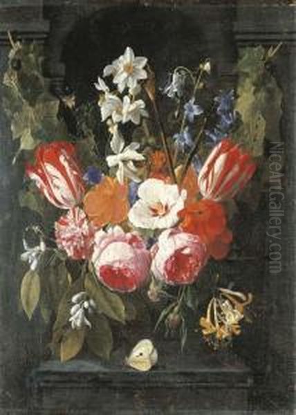 A Swag Of Tulips, Peonies, 
Carnations, Narcissi And Other Flowers With A Butterfly In A Stone Niche Oil Painting by Nicolas Van Veerendael