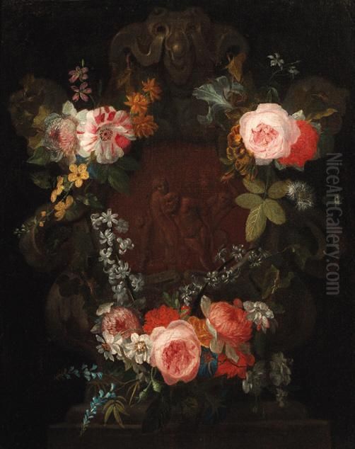A Swag Of Roses, Carnations And 
Narcisi Surrounding A Stone Nichewith A Relief Of The Drunken Silenus Oil Painting by Nicolas Van Veerendael