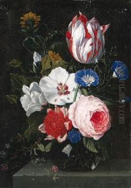 Morning Glory, A Parrot Tulip, 
Roses, And Other Flowers Withblackberries In A Glass Vase On A Ledge Oil Painting by Nicolas Van Veerendael