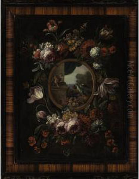 A Garland Of Flowers Encircling A Tondo With Fruit, Monkey And Parrot Oil Painting by Karel Van Vogelaer, Carlo Dei Fiori