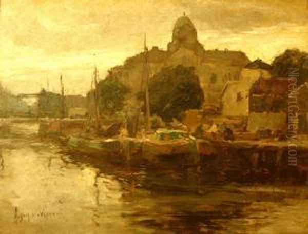 Rotterdamse Kade Met Arbeiders 
En De Steigerse Kerk Op De Achtergrond. Gesigneerd. Verso Sticker Met 
Titel 'impressie' Oil Painting by August Willem van Voorden