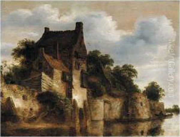 A River Landscape With Houses 
Above A Set Of Ramparts On The Edge Of The Water, Figures In A Boat 
Below Oil Painting by Roelof van Vries
