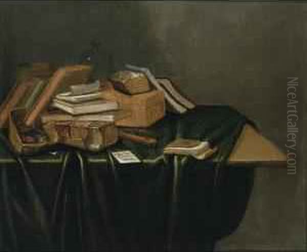 A Still Life With Books, A 
Wooden Box , A Stove, A Pipe And A Flute, All On A Wooden Table Draped 
With A Green Cloth Oil Painting by Gerrit Van Vucht