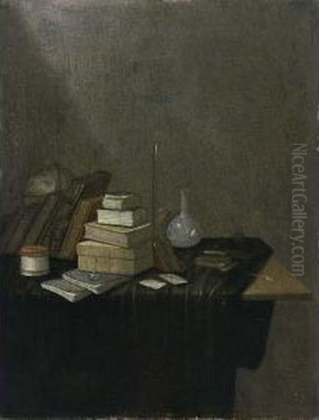 A Still Life With Books, A Globe
 And Glass Flasks Together With A Pipe, All On A Draped Table Oil Painting by Gerrit Van Vucht