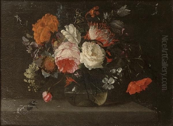 A Rose, A Poppy, Delphiniums And
 Other Flowers In A Glass Vase On A Stone Ledge With A Butterfly And A 
Beetle Oil Painting by Jacob van Walscapelle