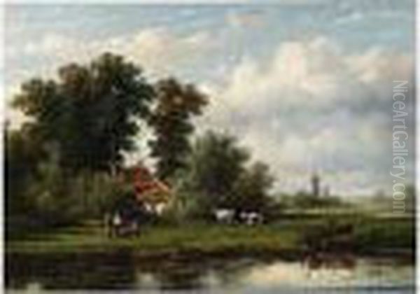 Anglers In A Polder Landscape Oil Painting by Anthonie Jacobus Van Wyngaerts