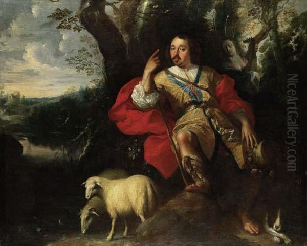 Pastoral Portrait Of A Gentleman
 As A Shepherd, With A Young Womanplaying A Lute, A Dog And Sheep, In A 
Landscape Oil Painting by Jan Thomas Van Yperen