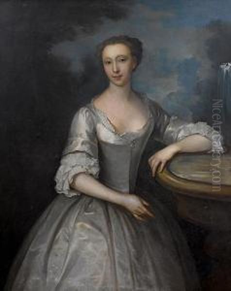 Portrait Of A Lady, Said To Be 
Lady Annepalliser, Three-quarter-length, In A White Satin Dress, 
Standingbeside A Stone Fountain Oil Painting by John Vanderbank