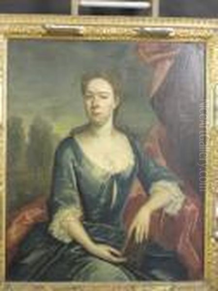 Portrait Of A Gentleman,
Three Quarter Length,
In A Brown Coat And An Embroidered Waistcoat; Portrait Of A Lady,
Three Quarter Length,
Seated In A Blue Dress And Holding A Book Oil Painting by John Vanderbank