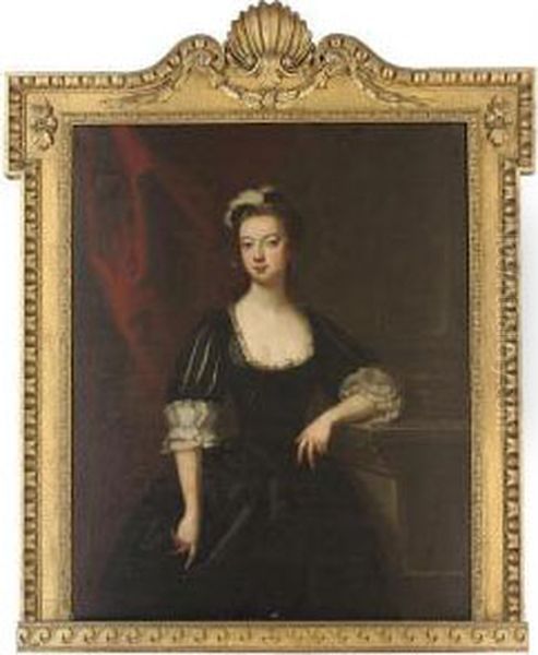 Portrait Of Lady Lucy Montagu 
(d.1734), Countess Of Guilford,three-quarter-length, In Black Classical 
Dress And Black Plumedcap, Her Left Arm Resting On A Plinth Oil Painting by John Vanderbank