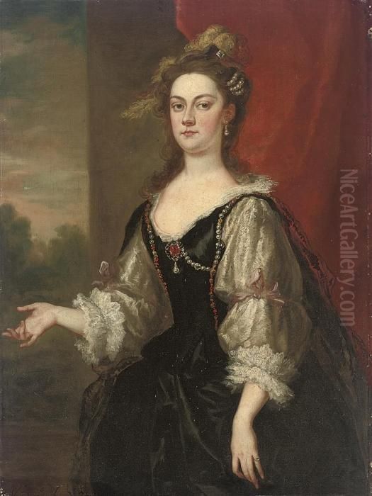 Portrait Of Katherine (d.1766), 
Countess Of Rockingham, Latercountess Guilford, Three-quarter-length, In
 A Black Bejewelleddress With Lace Sleeves And An Ostrich Plumed 
Headdress, By A Redcurtain, A Landscape Beyond Oil Painting by John Vanderbank