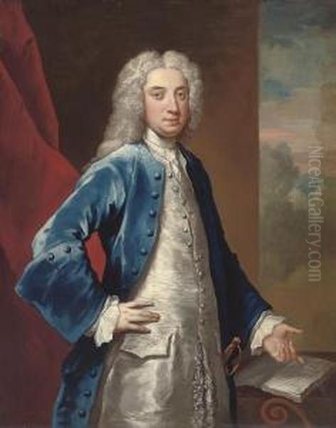 Portrait Of A Gentleman, 
Three-quarter-length, In A Blue Coat Andoyster Satin Waistcoat, Pointing
 At A Manuscript Of Dryden's Playall For Love', 1678, A Landscape Beyond Oil Painting by John Vanderbank