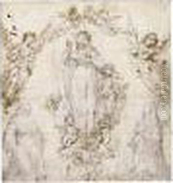 The Madonna As Protectress Of 
Siena With The Patron Saints Of The City, Bernardino And Catherine, 
Surrounded By Angels Oil Painting by Francesco Vanni