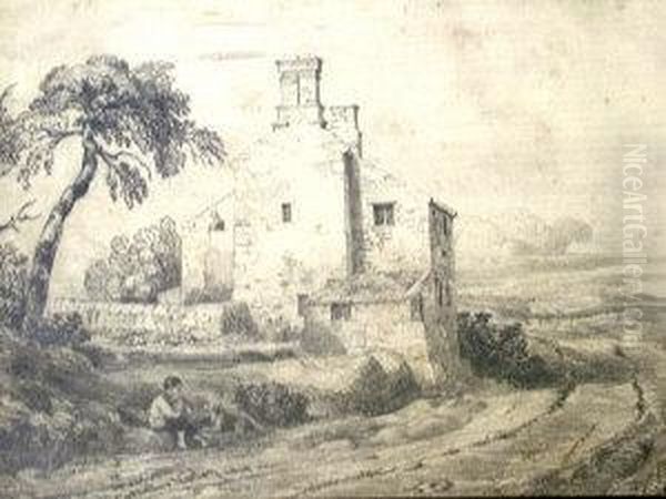 19th Century- Boy With Dogs By A
 Cottage On A Country Lane; Pencil, Bears Signature And Date, 23x36cm Oil Painting by Cornelius Varley