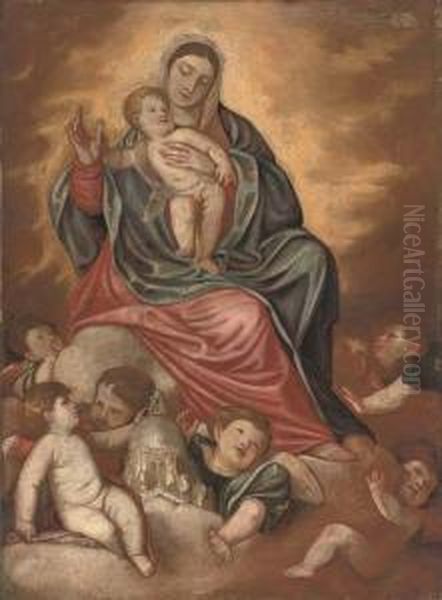 The Madonna And Child With Putti
 And A Model Of The Church Of Santa Maria Della Salute, Venice Oil Painting by (Alessandro) Padovanino (Varotari)