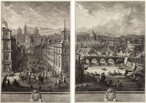 La Veduta Della Basilica Di S. 
Maria Maggiore Dalla Parte Verso Le Quattro Fontane; Il Prospello Della 
Citta Leonina, Che Si Vede Colla Basilica Vaticona, Ponte E Castel S. 
Angelo; Veduta Della Basilica Di S. Paolo Fuori Delle Mura Ed Adiacenze 
Da Oil Painting by Giuseppe Vasi