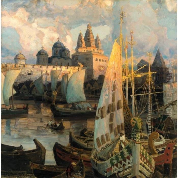 The Harbour At Novgorod Oil Painting by Apollinarii Mikhailovich Vasnetsov