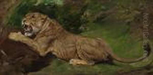 A Lioness Ready To Pounce Oil Painting by Geza Vastagh